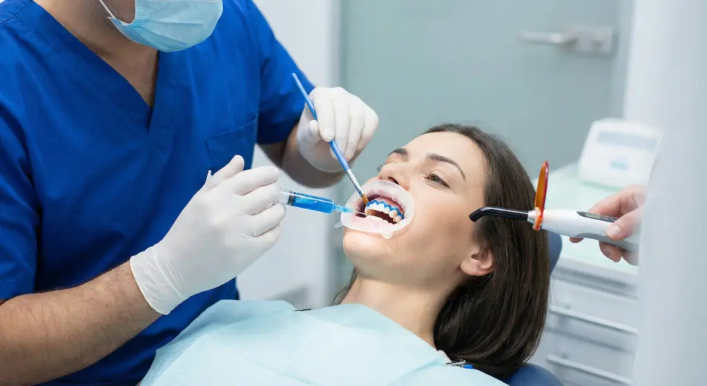 A close-up, high-resolution photograph of a dentist in blue scrubs and white gloves using a syringe to apply a blue protective gel to a patient’s gum line. The patient is wearing a clear cheek retractor, and a dental assistant is visible in the background holding a curing light. The scene is set in a modern, bright dental clinic, emphasizing the precision and safety of professional in-office whitening treatments.