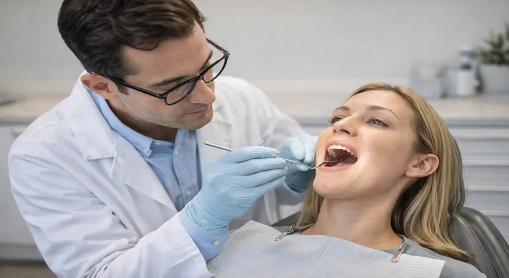 A Brooklyn dentist gently reviewing veneer margins and gum health during a routine follow-up appointment in a modern dental office