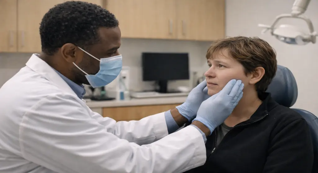 Dentist wearing gloves and mask examining a patient with mild facial swelling during an urgent dental appointment in Brooklyn