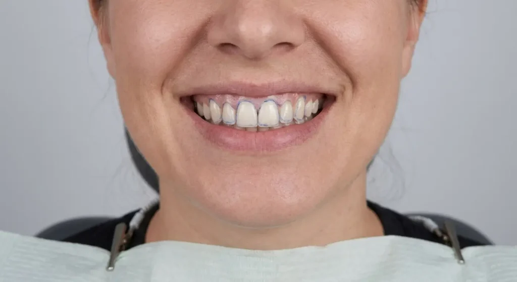 A close-up, front-facing clinical photograph of a patient's upper teeth during a consultation. Thin blue dental markings are visible around the edges of the teeth and the gum line to outline the "smile zone" for restorative planning. The patient is wearing a light green dental bib against a neutral grey background, illuminated by soft, professional lighting.