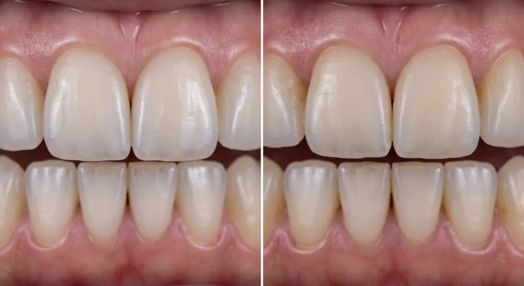 A side-by-side close-up of upper and lower teeth comparing the aesthetic properties of two veneer materials. The left image shows porcelain veneers with a glassy, translucent appearance and high luster. The right image shows composite veneers with a more matte, slightly opaque finish. Both are captured under even, neutral clinical lighting to highlight subtle differences in texture and light reflection.