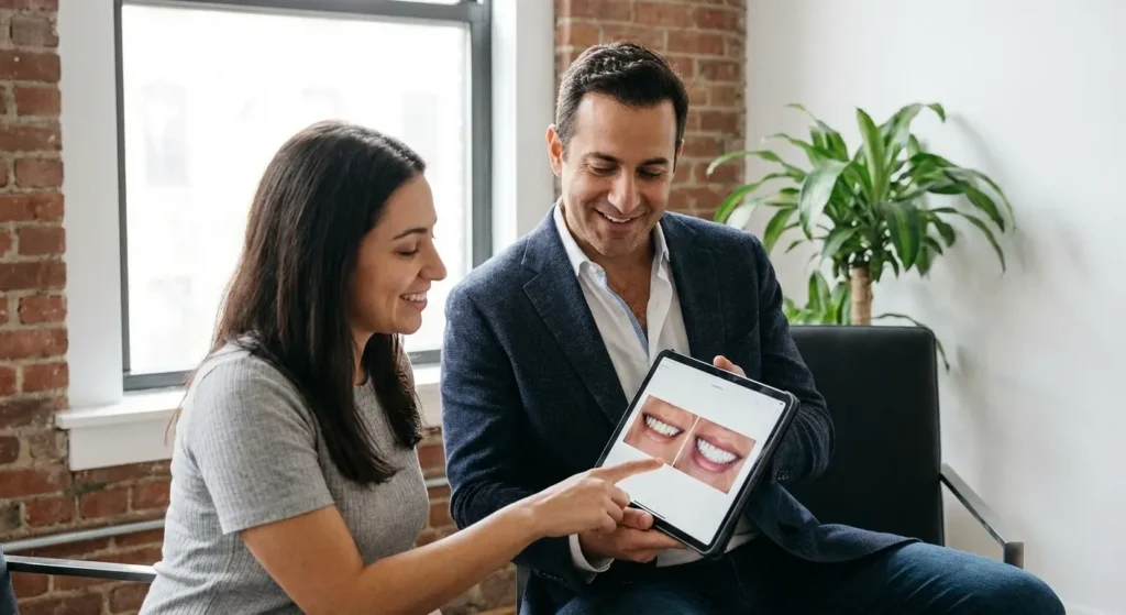 A smiling male dentist in a navy blazer holds a tablet, showing a "before and after" photo comparison of a patient's smile to a smiling female patient who is pointing at the screen. They are seated side-by-side in a modern office with an exposed brick wall and a large window.