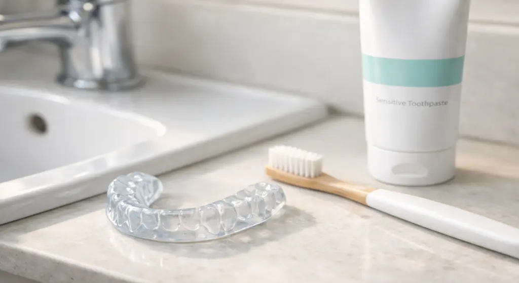 Close-up of a custom dental nightguard placed beside a toothbrush and non-abrasive toothpaste on a clean bathroom sink in soft natural light