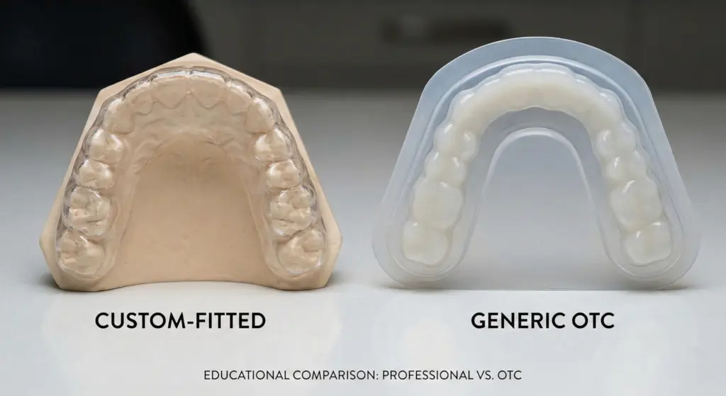 side-by-side comparison of two dental whitening methods. On the left, a thin, clear custom-fitted tray is shown seated on a dental stone model, labeled "CUSTOM-FITTED." On the right, a bulkier, one-size-fits-all generic tray is shown, labeled "GENERIC OTC." The image is presented on a clean white countertop in a dental office setting for educational purposes.