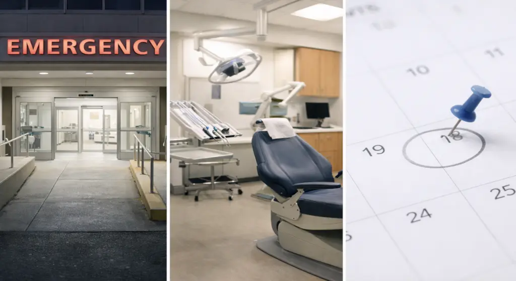 Side-by-side comparison showing a hospital emergency entrance, a dental treatment chair, and a calendar with a next-day appointment marked
