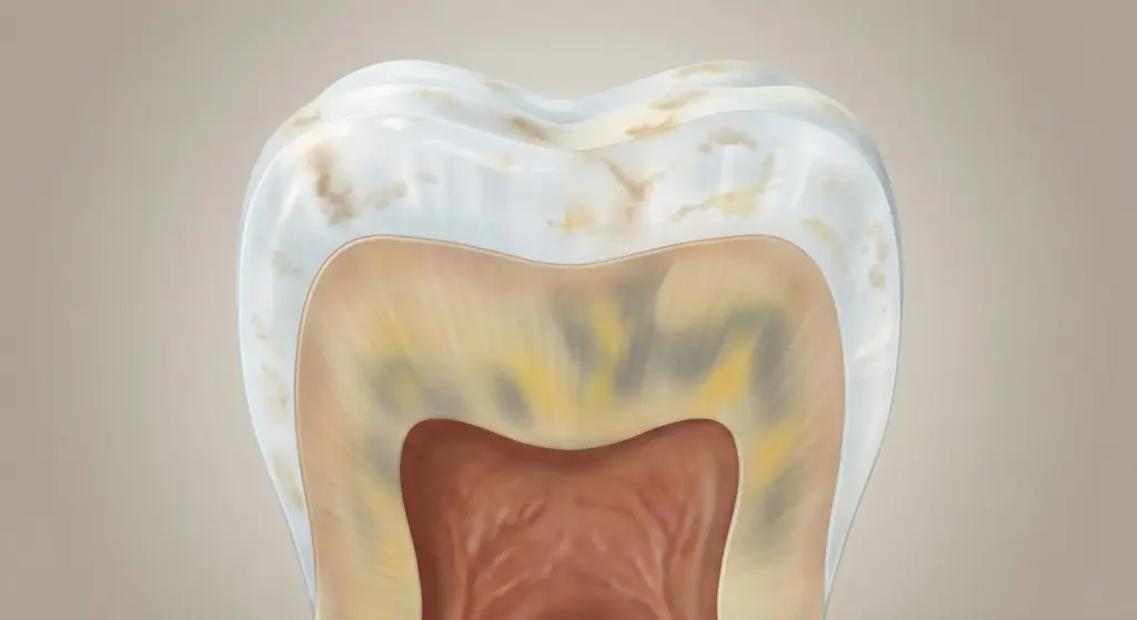 A detailed medical illustration showing a cross-section of a molar tooth. The white outer enamel layer and the inner yellowish dentin are clearly depicted, with specific shading to show the difference between surface extrinsic stains and deeper intrinsic discoloration. The central pulp chamber is visible at the core in a reddish-brown tone, set against a clean, neutral gradient background for an educational and professional appearance.