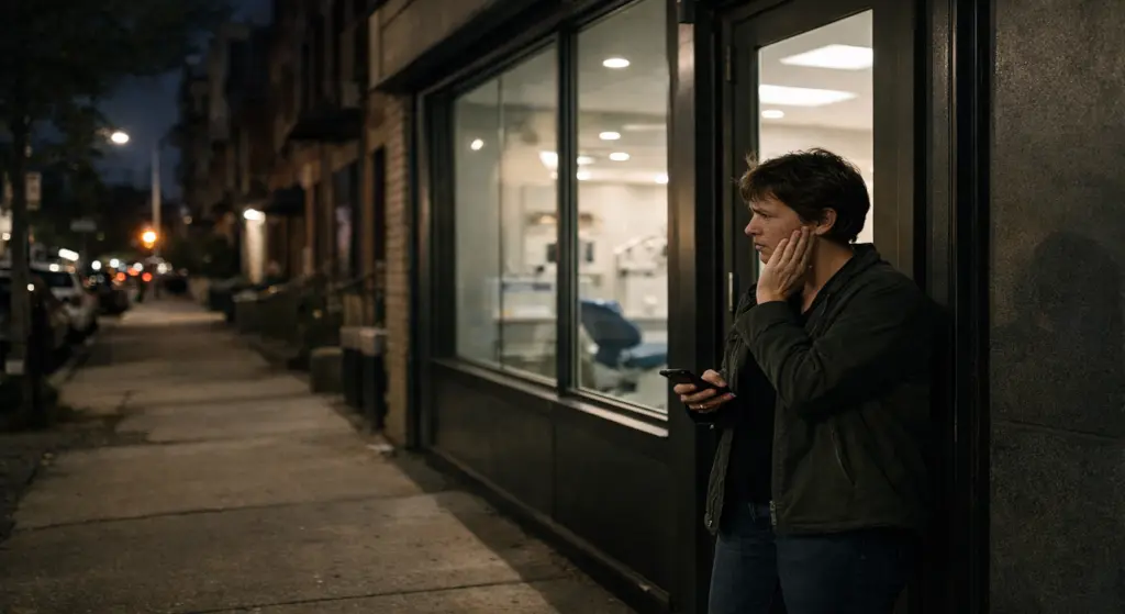 Person holding their jaw outside a Brooklyn dental office at night, using a phone while experiencing dental pain