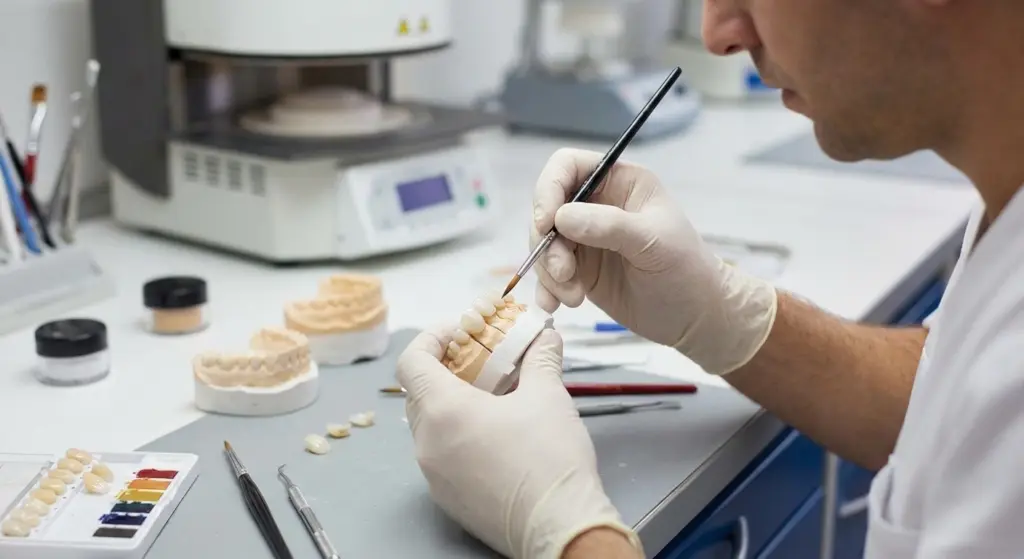 A close-up, documentary-style photograph of a dental technician's hands in white gloves, using a fine brush to meticulously apply ceramic layers to porcelain veneers on a dental model. The workbench is equipped with professional tools, a shade guide, and laboratory equipment, highlighted by soft studio lighting to emphasize the detail and precision of the handcrafted dental restoration process.