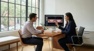 A cosmetic dentist and an adult patient in a modern, minimalist Brooklyn dental office. They are reviewing high-resolution smile images on a large computer monitor during a consultation. The room is filled with natural daylight from large industrial-style windows, emphasizing a professional and trustworthy environment.