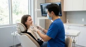 dentist in blue scrubs and a surgical mask using a tooth shade guide to consult with a patient seated in a dental chair. The setting is a clean, modern treatment room with professional equipment and soft, natural light coming from a large window, creating a calm and professional healthcare atmosphere.