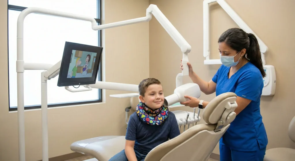 A smiling young boy sits in a dental chair wearing a protective thyroid collar while a dental assistant in a face mask positions a digital X-ray machine for a scan. A cartoon is playing on a screen behind them in a modern, well-lit dental office.