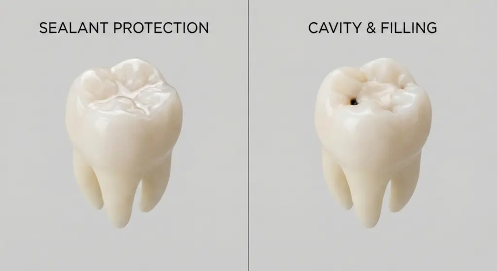 A split-screen educational image against a grey background comparing two molar teeth. On the left, a healthy white molar labeled "SEALANT PROTECTION" has a clear, glossy coating in its chewing surface grooves. On the right, a molar labeled "CAVITY & FILLING" shows a dark spot of decay and a tooth-colored filling material restoring the chewed area. This image illustrates the preventive benefit of dental sealants.