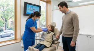 young child sitting calmly in a modern dental chair while wearing a tan lead apron. A dental assistant in blue scrubs and a face mask gently positions a digital X-ray sensor in the child's mouth. The child's father stands close by, smiling and holding their hand. The office is bright and clean with large windows overlooking a tree-lined Brooklyn street.