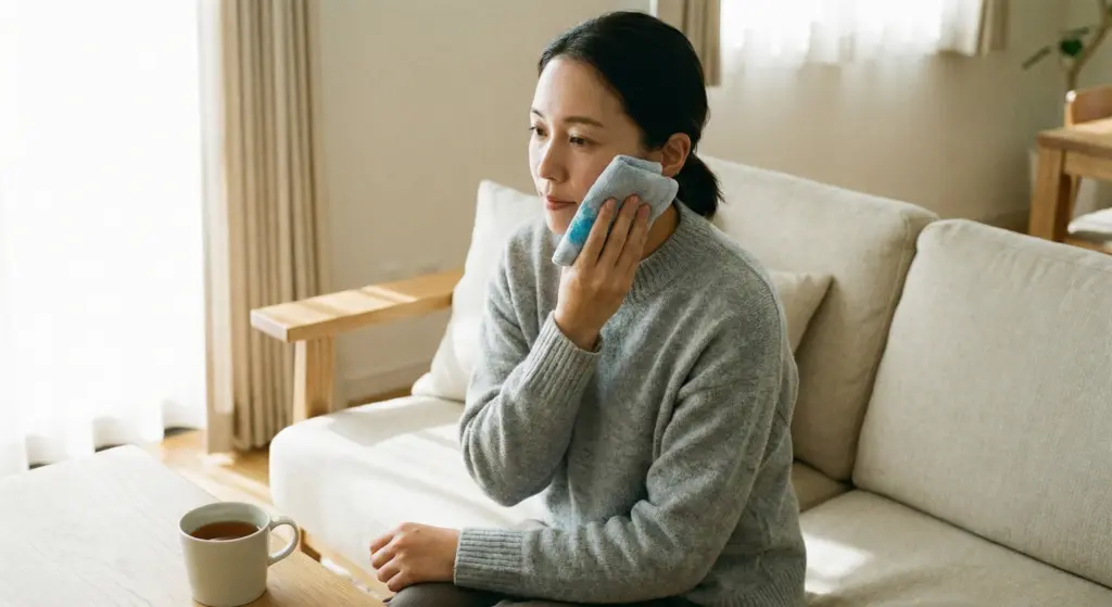 A person with a calm expression sits on a sofa in a sunlit living room, holding a towel-wrapped cold compress to their cheek to relieve pain or swelling.