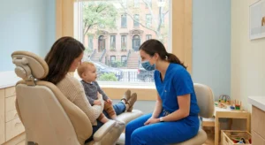 A female pediatric dentist wearing blue scrubs and a patterned face mask smiles and talks with a mother holding her baby on her lap in a dental chair. They are in a bright, modern dental office with a large window looking out onto a street with brownstone buildings in Brooklyn. Wooden toys are visible on a small table in the background.