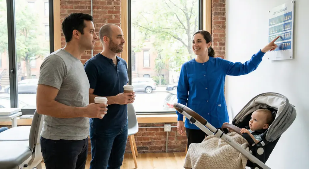 female pediatric dentist in blue scrubs smiling as she points to a dental chart on a white wall. She is consulting with two fathers who are listening attentively. A baby sits calmly in a modern stroller in the foreground. The clinic features a professional yet warm atmosphere with exposed brick walls, light wood flooring, and large windows looking out onto a Brooklyn street.