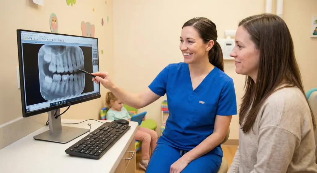 A pediatric dentist in blue scrubs smiles as she points to a digital dental X-ray image on a computer monitor, explaining the results to a parent who is listening attentively. In the background, a young child sits on a small chair and plays with a tablet in a child-friendly exam room with colorful wall decals.