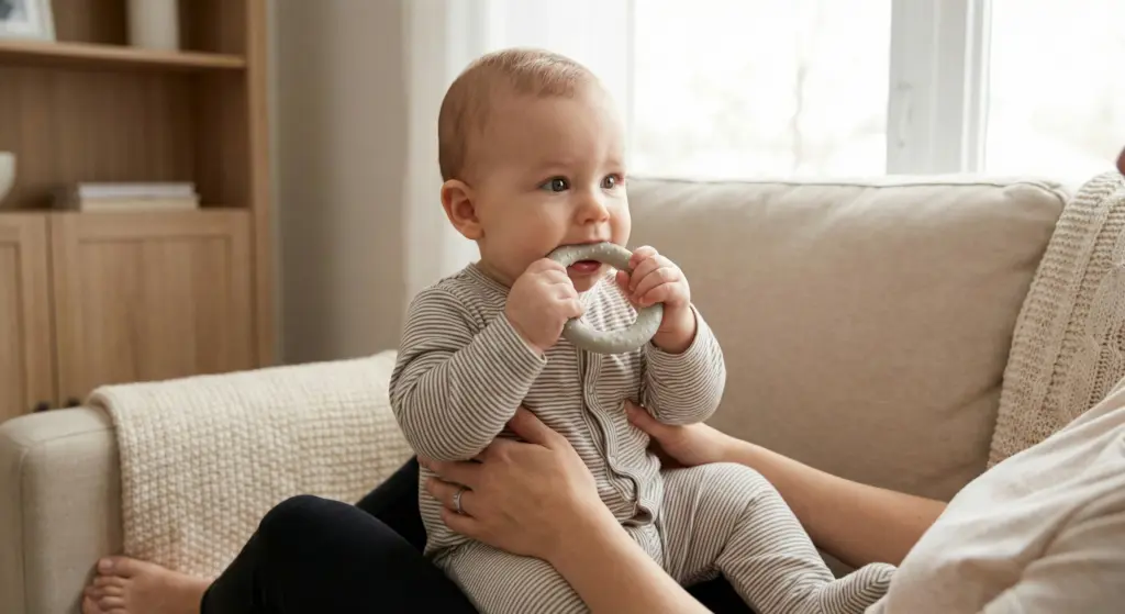 infant in a grey striped onesie sitting securely on a parent’s lap. The baby is calmly chewing on a textured, grey, chilled teething ring. The scene is set in a peaceful, neutral-toned living room with soft natural light, focusing on the simple and safe management of teething discomfort at home.
