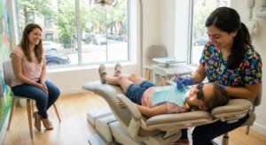 A high-quality, documentary-style photograph of a young girl lying comfortably in a modern dental chair, wearing sunglasses to protect her eyes from the bright overhead light. A dental hygienist in a colorful, patterned scrub top is smiling as she gently applies a clear dental sealant to the girl's molar using a small brush. In the background, the girl's mother sits nearby on a chair, smiling warmly. The room is filled with bright natural daylight from a large window that looks out onto a leafy Brooklyn street, creating a calm and welcoming atmosphere.