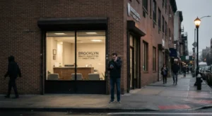 dusk showing a man in a dark jacket holding his jaw and looking at his phone outside the lit storefront of "Brooklyn Dental Associates - Urgent Care" on a Brooklyn street corner.