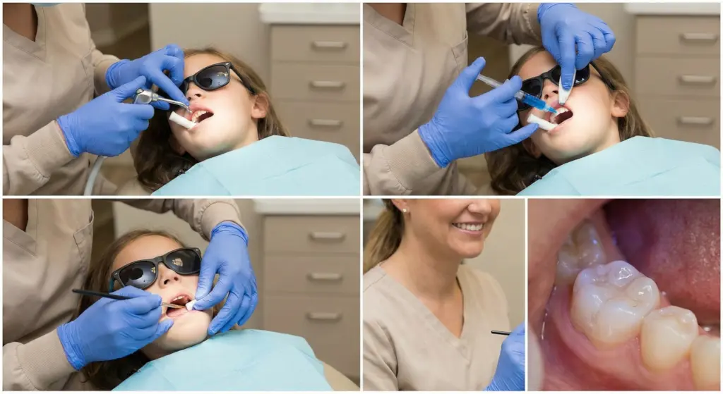 A five-panel collage illustrating the dental sealant process for a child. The first panel shows a dental professional drying a molar with air. The second shows the application of a blue etching gel. The third shows the liquid sealant being applied with a small brush. The fourth panel shows a smiling dental professional, and the final panel is a close-up macro shot of the molar with the finished sealant protecting the deep grooves. The child wears sunglasses for comfort in a bright, modern dental office.