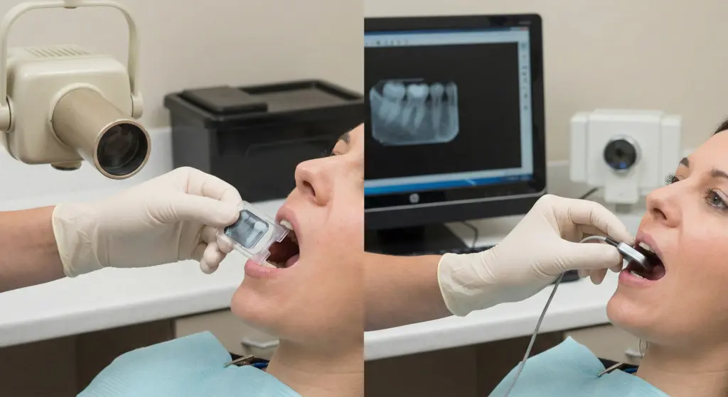 A split image comparison in a dental office setting. The left side shows a gloved hand placing a traditional film packet into a holder in a patient's mouth, with an older, beige X-ray tube head in the background. The right side shows a gloved hand placing a modern digital sensor with a cable into the patient's mouth, with a computer monitor displaying the resulting digital X-ray and a newer, white X-ray source in the background, illustrating the evolution from film-based to digital imaging in dentistry.