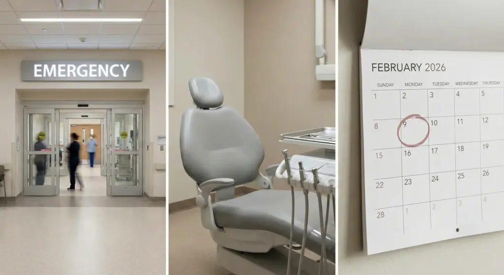A clean, professional three-panel comparison image. The left panel shows a brightly lit hospital hallway leading to an "EMERGENCY" sign above sliding glass doors. The middle panel features a modern, grey dental examination chair and professional dental instruments in a neutral-toned room. The right panel shows a close-up of a wall calendar for February 2026 with a red circle around Monday the 9th, representing the choice between urgent care and a scheduled weekday visit.