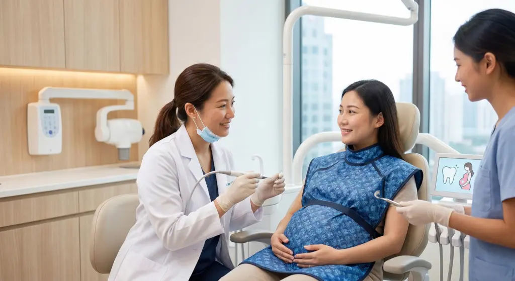 smiling pregnant Asian woman in a modern dental clinic, sitting in a dental chair and wearing a patterned blue lead X-ray protective apron over her bump. She is interacting with a female Asian dentist in a white coat and gloves, who holds a dental tool. A female dental assistant stands to the side in blue scrubs, holding a tablet that displays a stylized graphic of a tooth and a pregnant belly outline. The background is a clean office with medical equipment and a window view of a city.