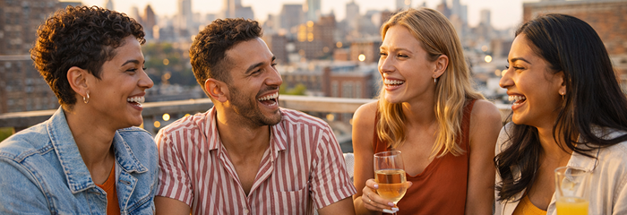 Friends enjoying drinks and laughter outdoors
