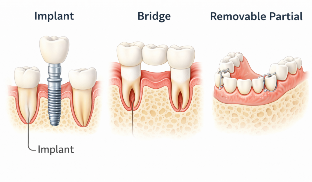 Three-panel dental illustration comparing implant, bridge, and removable partial tooth replacement options with labeled cross-section diagrams in a consistent clinical style.