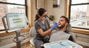 A professional female dentist in grey scrubs and magnification loupes examines a male patient’s teeth in a bright, modern Williamsburg dental office. A digital monitor in the foreground displays a periodontal chart, and large industrial windows show a Brooklyn street view in the background.