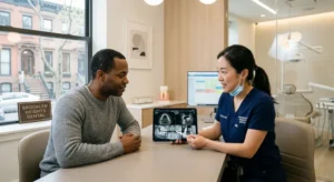 female dentist in navy blue scrubs explaining a treatment plan to an attentive male patient in a modern Brooklyn dental office. The dentist is using a stylus to point at a digital X-ray displayed on a tablet. Through the window, classic Brooklyn brownstones are visible. The clinic features a clean, professional aesthetic with neutral tones and soft lighting, conveying a sense of trust and personalized care.