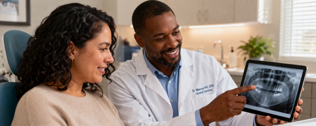 Warm lifestyle photo of a dentist reviewing a dental X-ray with a patient on a tablet during a consultation in a modern dental office.