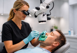 endodontist working at a dental microscope