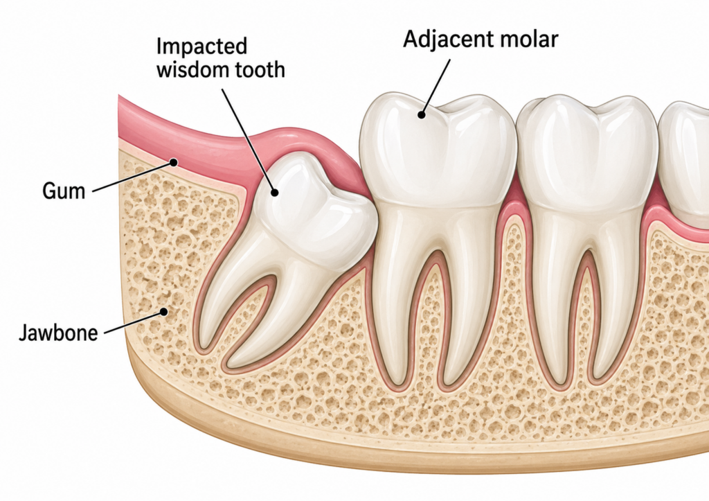 Diagram of impacted wisdom tooth anatomy