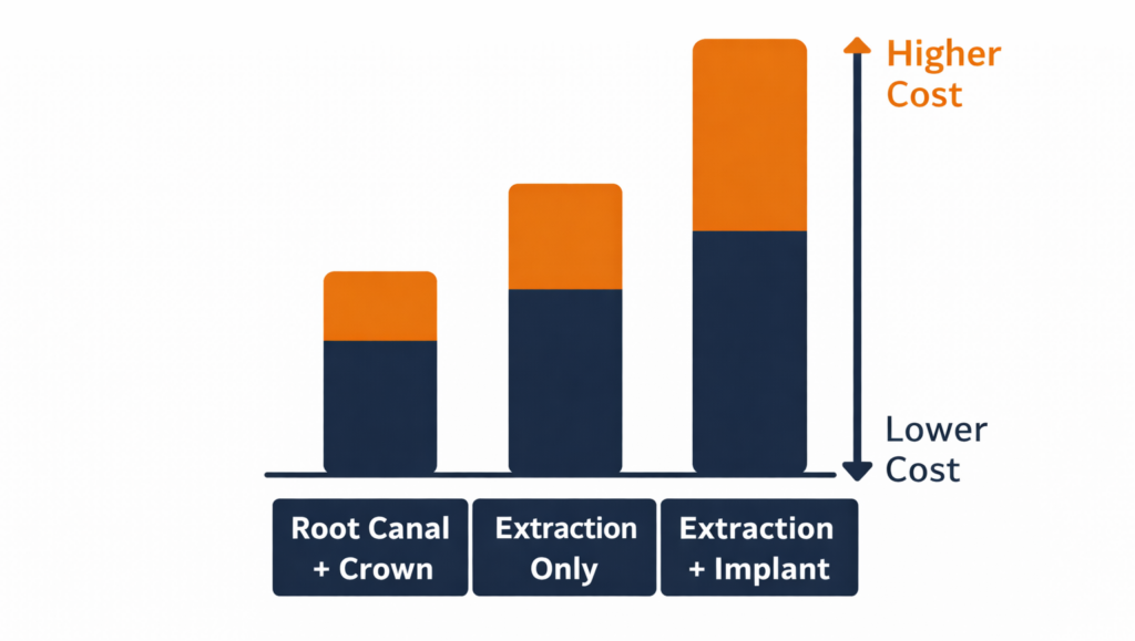 Infographic bar chart comparing relative costs of root canal with crown, extraction only, and extraction with implant, using navy and orange bars.