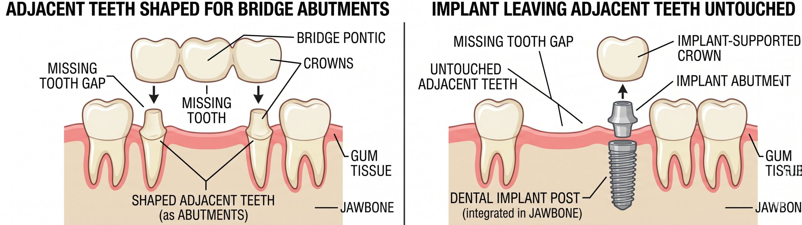 Bridge Prep vs Implant Diagram