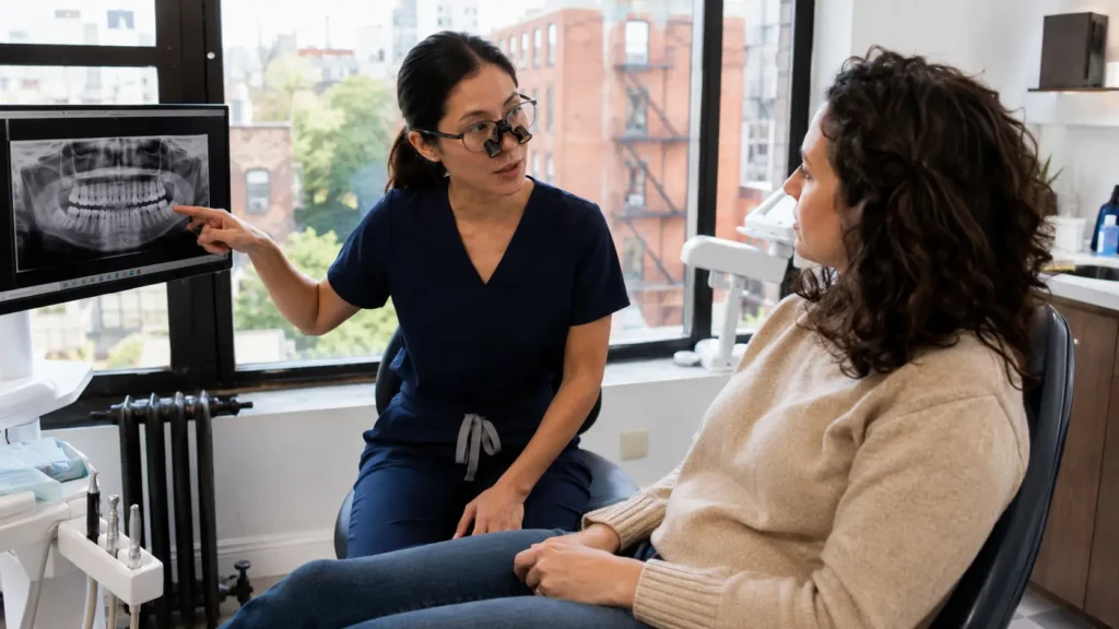 Female dentist in navy scrubs and magnification loupes consults with an adult patient in a modern Brooklyn dental office, pointing to a dental X-ray on a monitor as natural daylight fills the room.