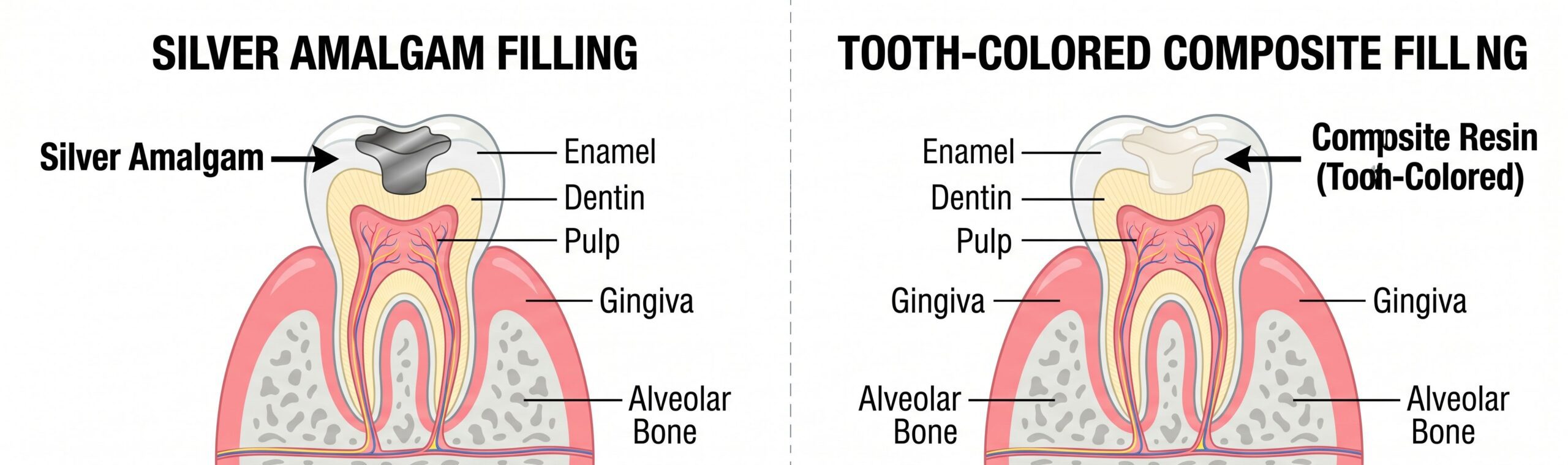 Composite vs Silver Filling Diagram