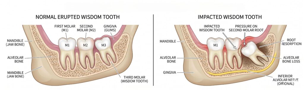 Impacted vs Normal Wisdom Tooth Diagram