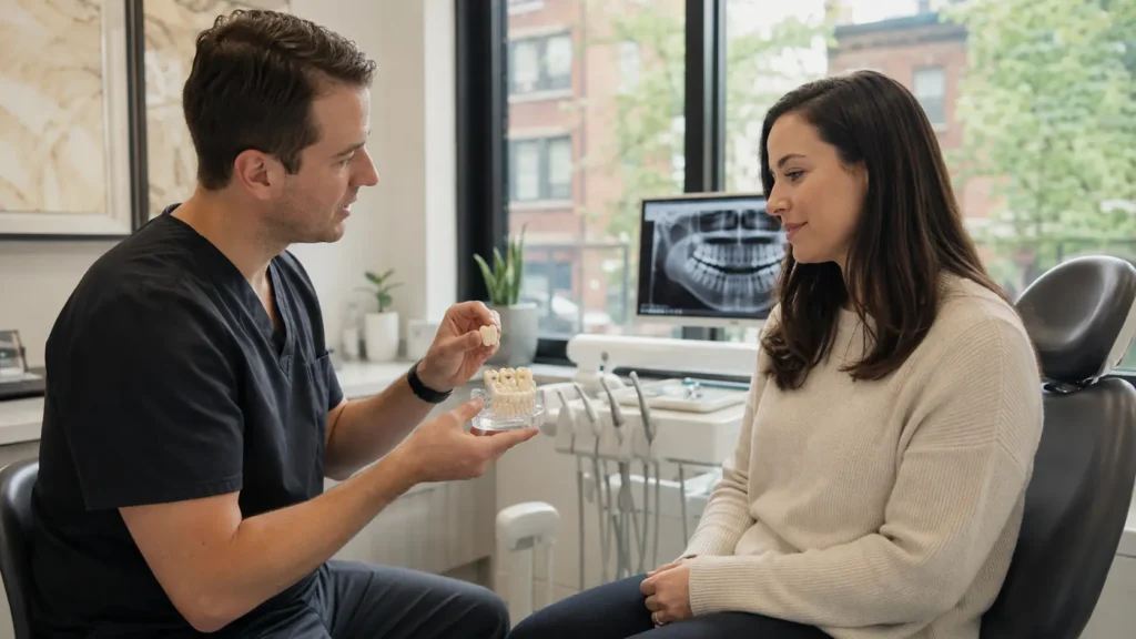 Dentist explaining porcelain crown treatment to a comfortable adult patient using a tooth model and dental X-ray in a modern Brooklyn dental office.
