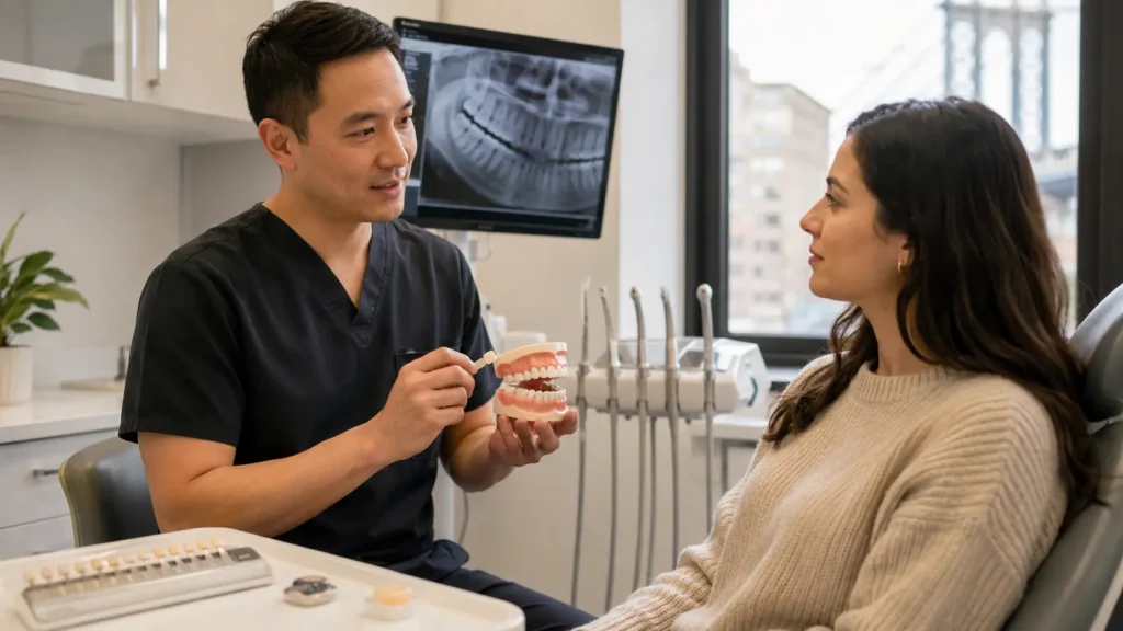 Dentist explaining tooth-colored filling options to a comfortable adult patient using a tooth model, shade guide, and dental X-ray in a modern Brooklyn dental office.
