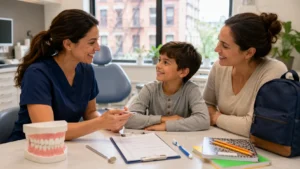 Friendly dentist speaking with a calm child and parent in a modern Brooklyn dental office, with a backpack, school supplies, toothbrush, dental mirror, tooth model, and checklist clipboard on the table.