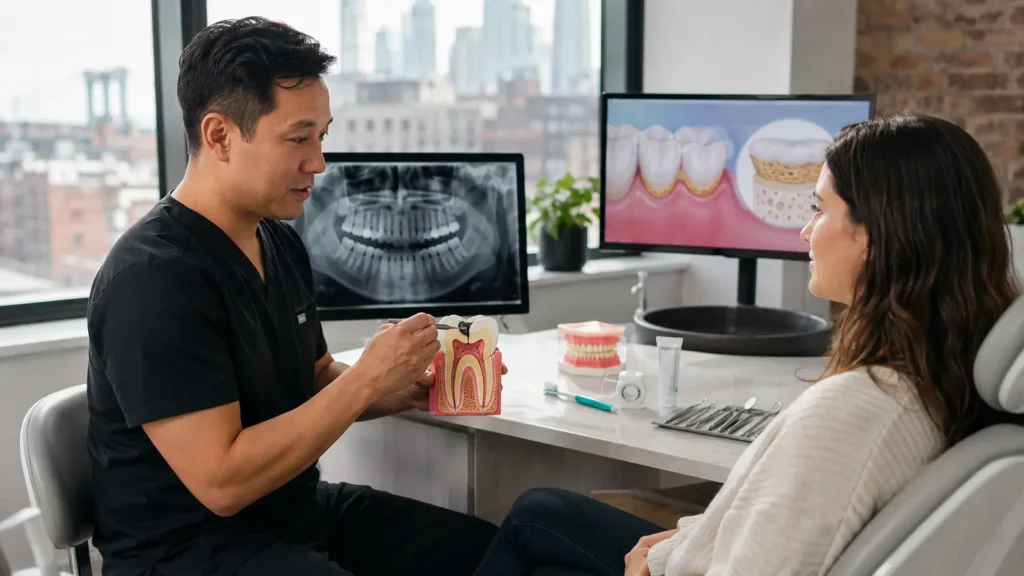 Dentist explaining how cavities form to a comfortable adult patient using a tooth model, digital dental X-ray, and enamel plaque visual in a modern Brooklyn dental office.
