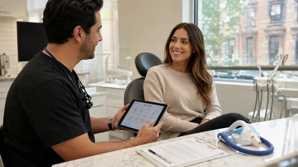 Dentist explaining sedation and comfort options to a calm adult patient in a modern Brooklyn dental office, with a tablet, treatment notes, and a nitrous oxide nose mask on the counter.