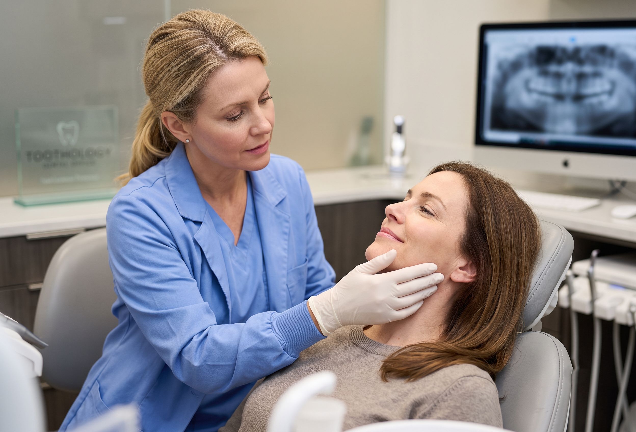 Dentist Assessing Jaw During Exam