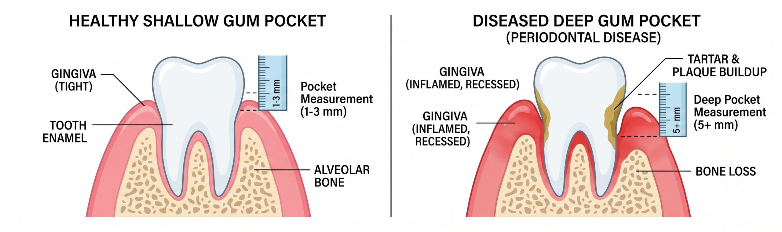 Healthy vs Deep Gum Pocket Diagram