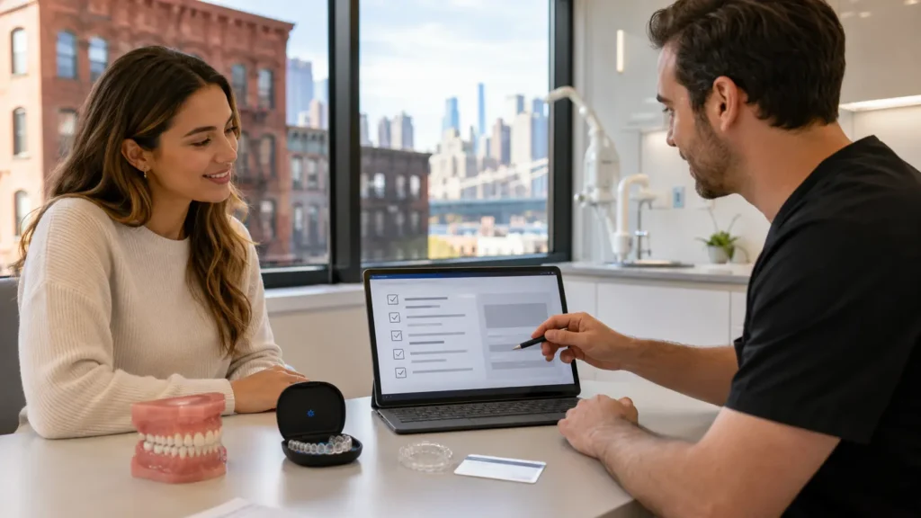 Treatment coordinator reviewing Invisalign options and insurance benefit details with an adult patient in a modern Brooklyn dental office, with clear aligners, a dental model, an insurance card, and a tablet on the desk.