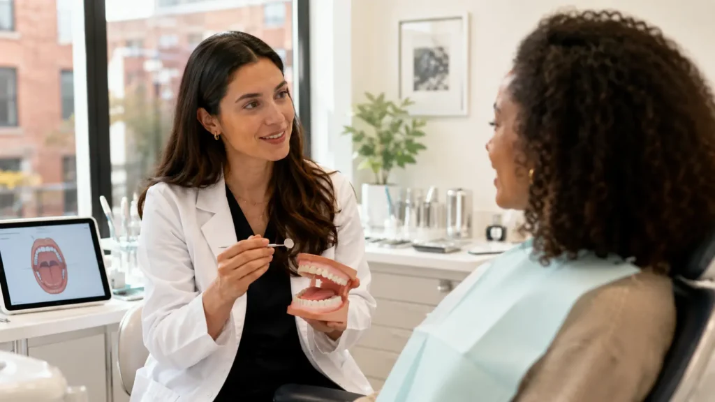 Dentist explaining oral cancer screening to a calm adult patient using a mouth model, dental mirror, and oral anatomy visual in a modern Brooklyn dental office.