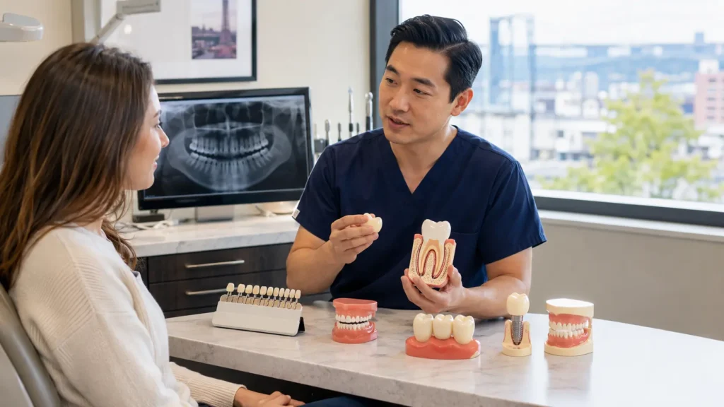 Dentist explaining restorative dentistry options to a calm adult patient using a tooth model, digital X-ray, crown sample, shade guide, bridge model, denture model, and implant restoration model in a modern Brooklyn dental office.